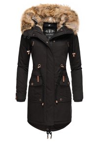 Black parka coat with faux fur hood, drawstring waist and hem, multiple front pockets, and contrasting bronze accents and hardware.