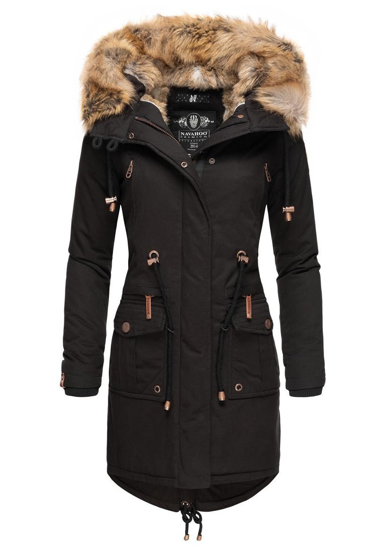Black parka coat with faux fur hood, drawstring waist and hem, multiple front pockets, and contrasting bronze accents and hardware.