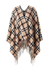 Beige plaid poncho with a V-neck, featuring black, white, and red accents. Finished with long fringes along the hem.