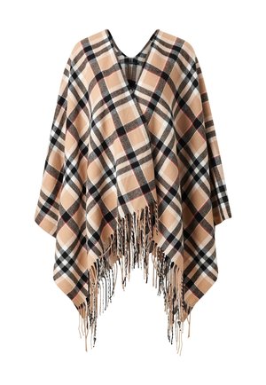 Beige plaid poncho med V-udskæring, med sorte, hvide og røde detaljer. Afsluttet med lange frynser langs kanten.