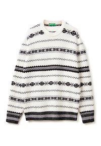 Bílý pletený svetr s černými geometrickými vzory, kulatým výstřihem a žebrovanými manžetami a lemem. Vyrobený z texturované, teplé látky.