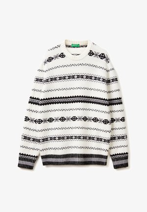 Weißer Strickpullover mit schwarzen geometrischen Mustern, Rundhalsausschnitt sowie gerippten Bündchen und Saum. Hergestellt aus einem strukturierten, warmen Stoff.