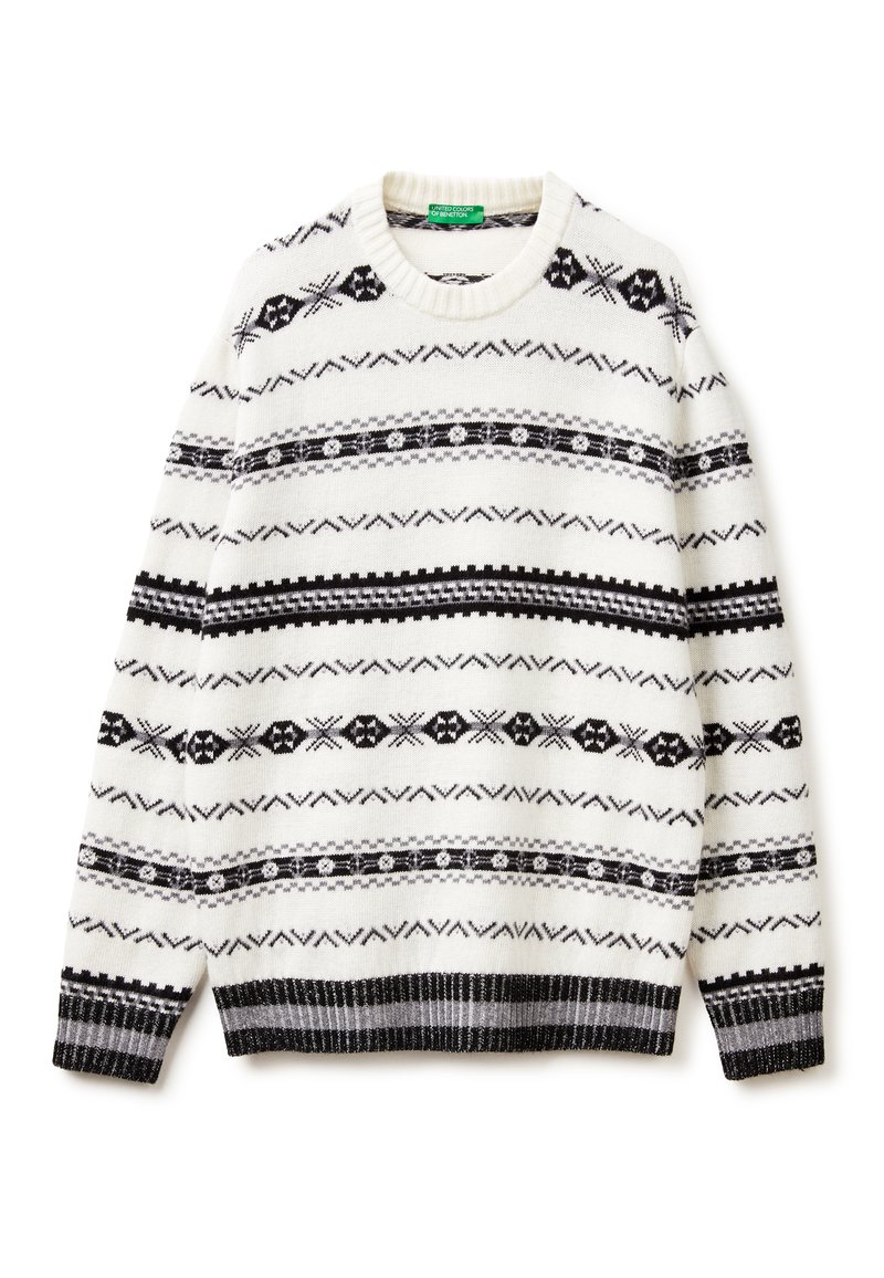 Bílý pletený svetr s černými geometrickými vzory, kulatým výstřihem a žebrovanými manžetami a lemem. Vyrobený z texturované, teplé látky.