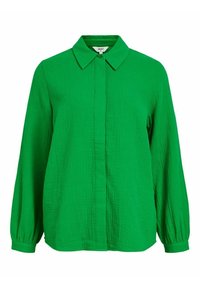 Chemise verte à boutonnage, réalisée en tissu texturé, avec un col classique, des manches longues et une coupe décontractée.