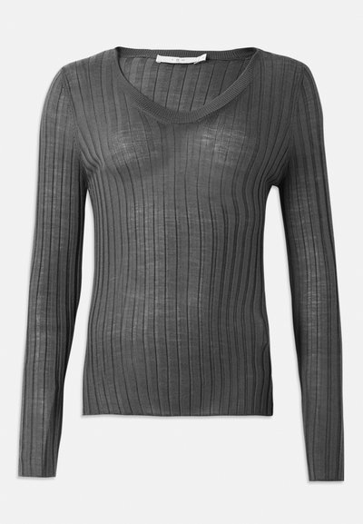Gray long-sleeve V-neck sweater features a ribbed texture and fitted design. The material appears lightweight and slightly sheer with vertical stripes.