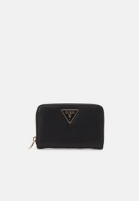 Black synthetic wallet featuring a textured surface, gold triangle hardware, and a logo plate. Zipper closure and compact design.