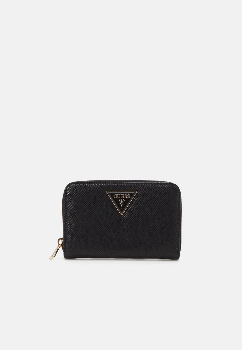 Black synthetic wallet featuring a textured surface, gold triangle hardware, and a logo plate. Zipper closure and compact design.