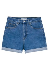 Denimshorts in mediumblauw met een hoge taille, voorzien van een knoopsluiting aan de voorkant, vier zakken en een omgezoomde rand.