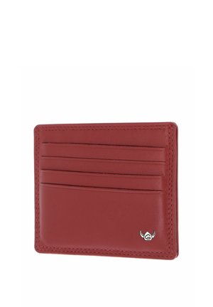 Red leather cardholder with four horizontal card slots and a small silver logo in the bottom right corner.
