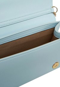 Interno di un portafoglio in finta pelle azzurro chiaro con texture liscia, fodera marrone e chiusura a scatto in metallo dorato. Presenta diversi scomparti per carte.