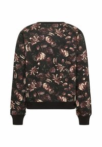 Pullover mit Blumenmuster auf schwarzem Hintergrund, mit lila und cremefarbenen Blüten. Mit Rippbündchen an Ärmeln und Saum, Rundhalsausschnitt.