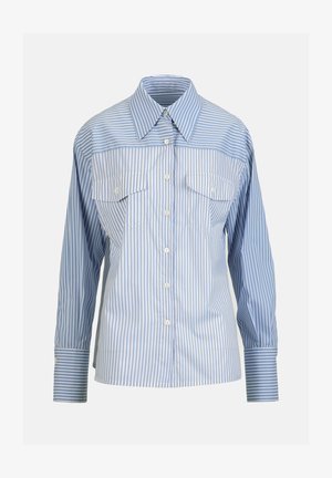 Zila un balta vertikāli svītraina pogu krekla ar divām pogām aizdarāmām krūšu kabatām un garām piedurknēm ar platām aprocēm.