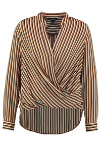 Blouse à manches longues rayée avec des couleurs orange, marron et crème, dotée d'un design cache-cœur et d'un ourlet légèrement arrondi. Tissu texturé à rayures verticales.