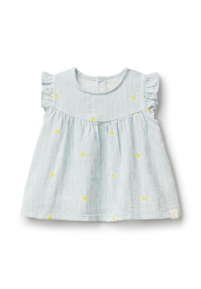 Top senza maniche a righe blu con maniche arricciate, caratterizzato da ricami di stelle gialle. Realizzato in tessuto morbido con un design a busto arricciato.