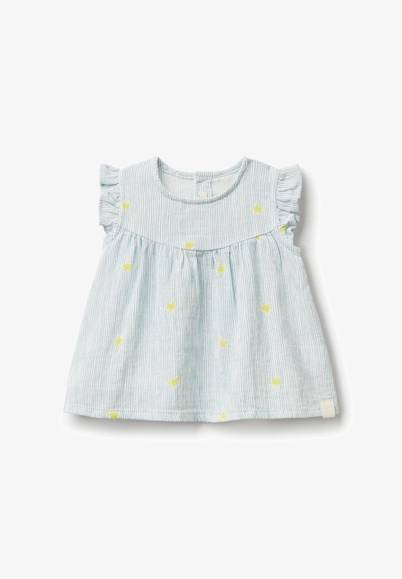 Top senza maniche a righe blu con maniche arricciate, caratterizzato da ricami di stelle gialle. Realizzato in tessuto morbido con un design a busto arricciato.