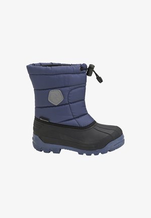 Blauer gepolsterter Winterstiefel mit einer schwarzen Gummisohle, ausgestattet mit einem Kordelzugverschluss oben und einem strukturierten, wasserdichten Design.