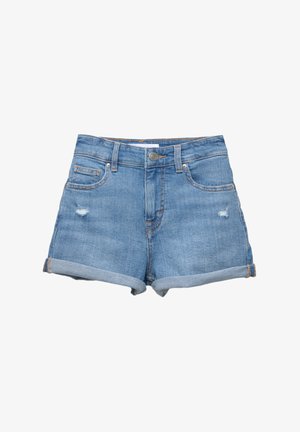 Traperice kratke hlače u svijetlo plavoj boji, s prevrnutim rubom, pet džepova i laganim oštećenjima sprijeda. Izrađene od pamučnog materijala.