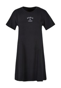 Schwarz T-Shirt-Kleid mit kurzen Ärmeln, rundem Ausschnitt und lockerer Passform. Mit weißem Text "PARIS 1980" und Sternen-Design oben. Weicher Stoff.