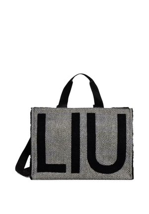 Bolsa rectangular de tela gris espiga con asas negras y letras negras en negrita "LIU" en el frente.