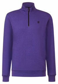 Purple quarter-zip pullover made of soft fabric, featuring long sleeves, ribbed cuffs, and a small logo on the chest.