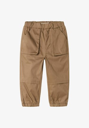 Khaki bukser med elastisk midjebånd, to sidelommer, elastiske mansjetter og en jevn stofftekstur; smal design med en avslappet passform.