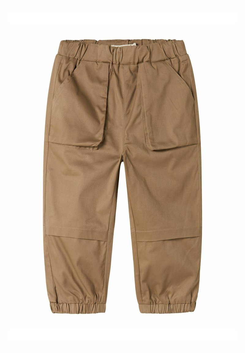 Kaki byxor med elastisk midja, två sidofickor, elastiska muddar och en slät tygtextur; tapered design med avslappnad passform.