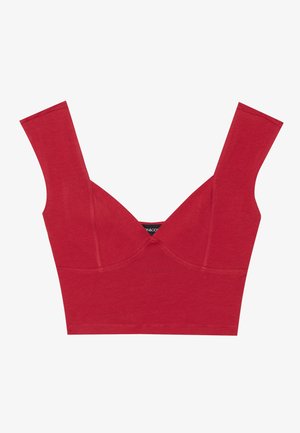 Roter, taillierter Cropped-Top mit breiten Trägern und V-Ausschnitt. Hergestellt aus glattem, dehnbarem Stoff mit Nahtdetails und ohne Verschlüsse.