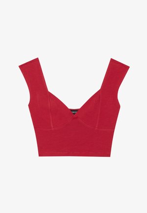 Red, fitted crop top with wide straps and a V-shaped neckline. Made of smooth, stretch fabric with seam detailing and no fastenings.