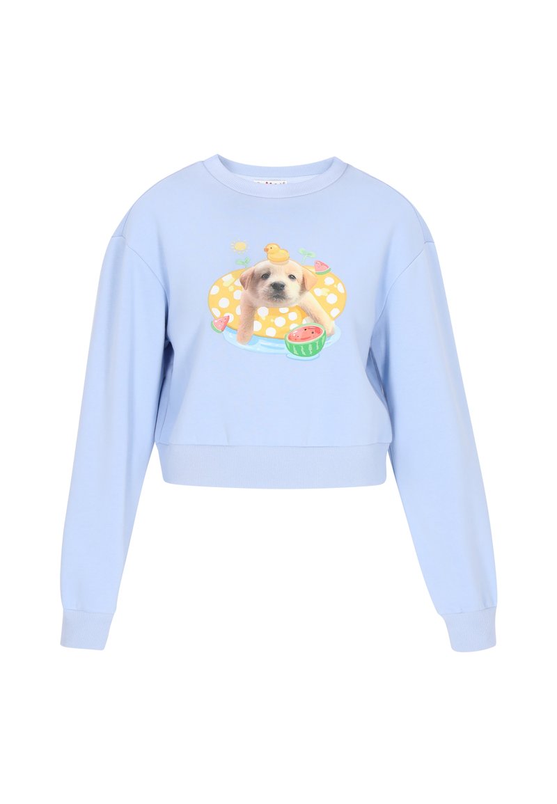 Világoskék rövidített pulóver, amelyen egy kiskutyát ábrázolnak pöttyös úszógumival, görögdinnyével és egy műanyag kacsával díszítve.