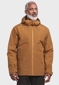 Herren braune wasserdichte Jacke mit Kapuze, Reißverschluss, verstellbaren Manschetten und einer strukturierten Oberfläche. Verfügt über schräge Nähte und reflektierende Details.