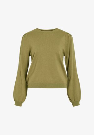 Grüner Strickpullover mit langen, ballonförmigen Ärmeln, einem runden Halsausschnitt und gerippten Bündchen. Weiche Textur und cropped Silhouette.