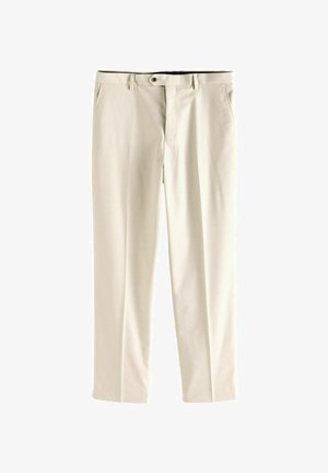 Pantaloni beige con frontale piatto, passanti per cintura e chiusura con un solo bottone. Realizzati in tessuto liscio, con tasche laterali e design a gamba dritta.