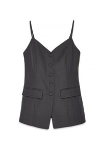 Gray sleeveless top with a V-neck, featuring six front buttons, and two side pockets. Made of textured fabric; slim fit design.