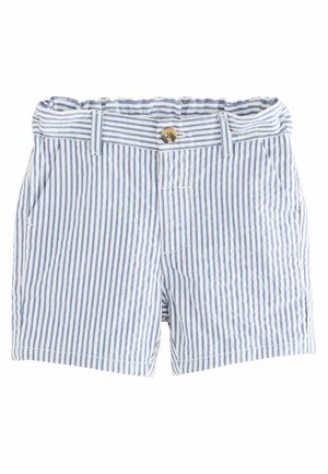 Bermuda in cotone a righe blu e bianche, con chiusura a bottone, passanti per cintura e due tasche frontali. Tessuto morbido con un design casual.