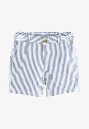 Pantaloncini a righe blu e bianche con chiusura a bottone, passanti per cintura e due tasche frontali. Tessuto morbido e leggero con un design casual.