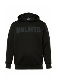 Sort hættetrøje lavet af bomuld. Har en snoretræk i huen og en frontlomme i kanguru-stil. "UNLMTD" er trykt med store bogstaver på brystet.