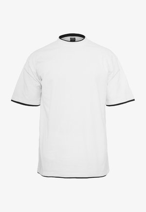 White cotton t-shirt with short sleeves, round neck featuring a black ribbed trim. Smooth texture, simple design without patterns or graphics.