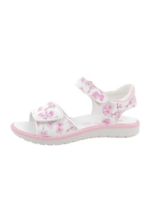 Sandalo bianco e rosa per bambini con motivo floreale rosa, cinturini regolabili e suola bianca con bordo rosa.