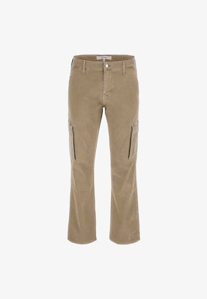 Pantalons cargo beiges avec une coupe droite, des poches latérales zippées et une fermeture à bouton à la taille, fabriqués en un doux mélange de coton.