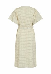 Blommönstrad midiklänning i krämfärg med korta vågiga ärmar, dragsko i midjan och lätt material. Bakifrån, inga synliga knäppningar.