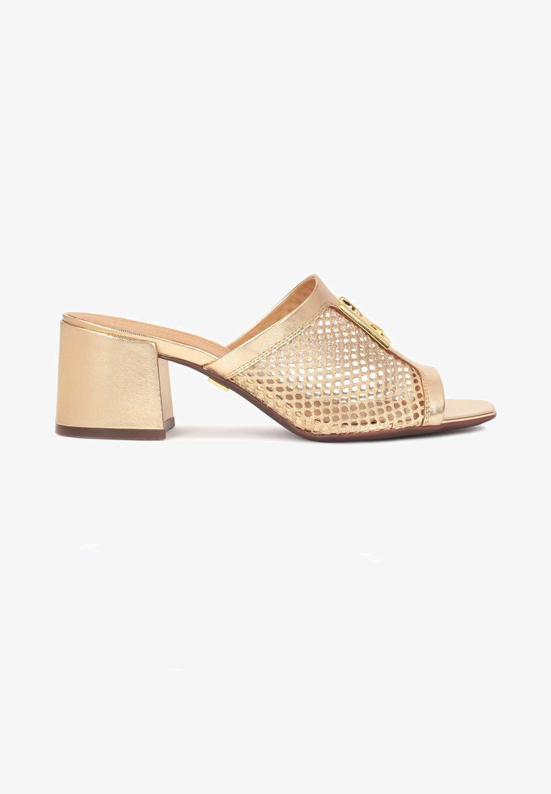 Χρυσό ανοιχτό μπαλαρίνα με δίχτυ στην επάνω πλευρά, τετράγωνο τακούνι και διακοσμητική λεπτομέρεια. Λείο φινίρισμα με υφή στις πλευρές.