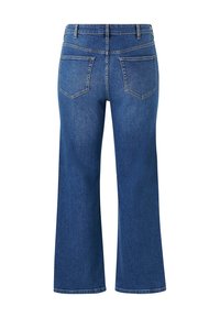 Denim jeans, wijduitlopende stijl, donkerblauwe kleur, met achterzakken, standaard tailleband en contrasterende stiksels op de naden.