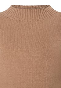 Pull en tricot en tissu doux de couleur brun clair avec un col côtelé haut. Présente une texture lisse et une coupe ajustée, idéale pour le superposition.