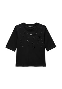 T-shirt noir à manches courtes avec un col rond, ornée de sequins floraux décoratifs de différentes tailles sur le devant. Texture lisse.
