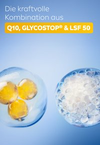 Zwei transparente Sphären mit gelben und klaren kleineren Sphären im Inneren auf einem blauen Hintergrund, der die Inhaltsstoffe Q10, Glycostop und LSF 50 hervorhebt.