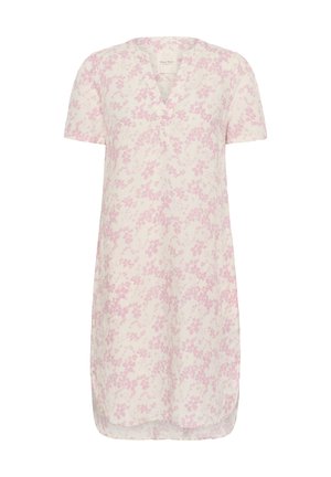 Rövidujjú ruha könnyű anyagból, V-nyakkal, rózsaszín virágmintával krém alapon, laza fazonnal és oldalsó hasítékokkal.