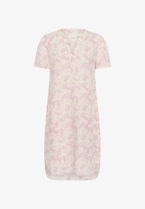 Vestido de manga corta en tejido ligero, con escote en V, patrón floral rosa sobre fondo crema, y un corte relajado con aberturas laterales.