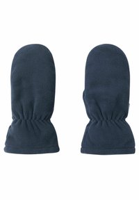 Dunkelblaue Fleece-Handschuhe mit einem gerafften Handgelenkdesign für einen engen Sitz. Weiche Textur und abgerundete Spitzen, geeignet für kaltes Wetter.