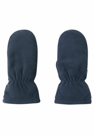 Mittens in pile blu scuro con design a polsino arricciato per una vestibilità aderente. Texture morbida e punte arrotondate, adatte per il clima freddo.