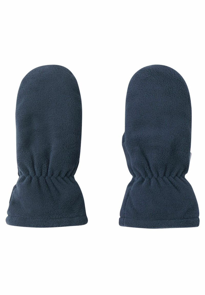 Dunkelblaue Fleece-Handschuhe mit einem gerafften Handgelenkdesign für einen engen Sitz. Weiche Textur und abgerundete Spitzen, geeignet für kaltes Wetter.
